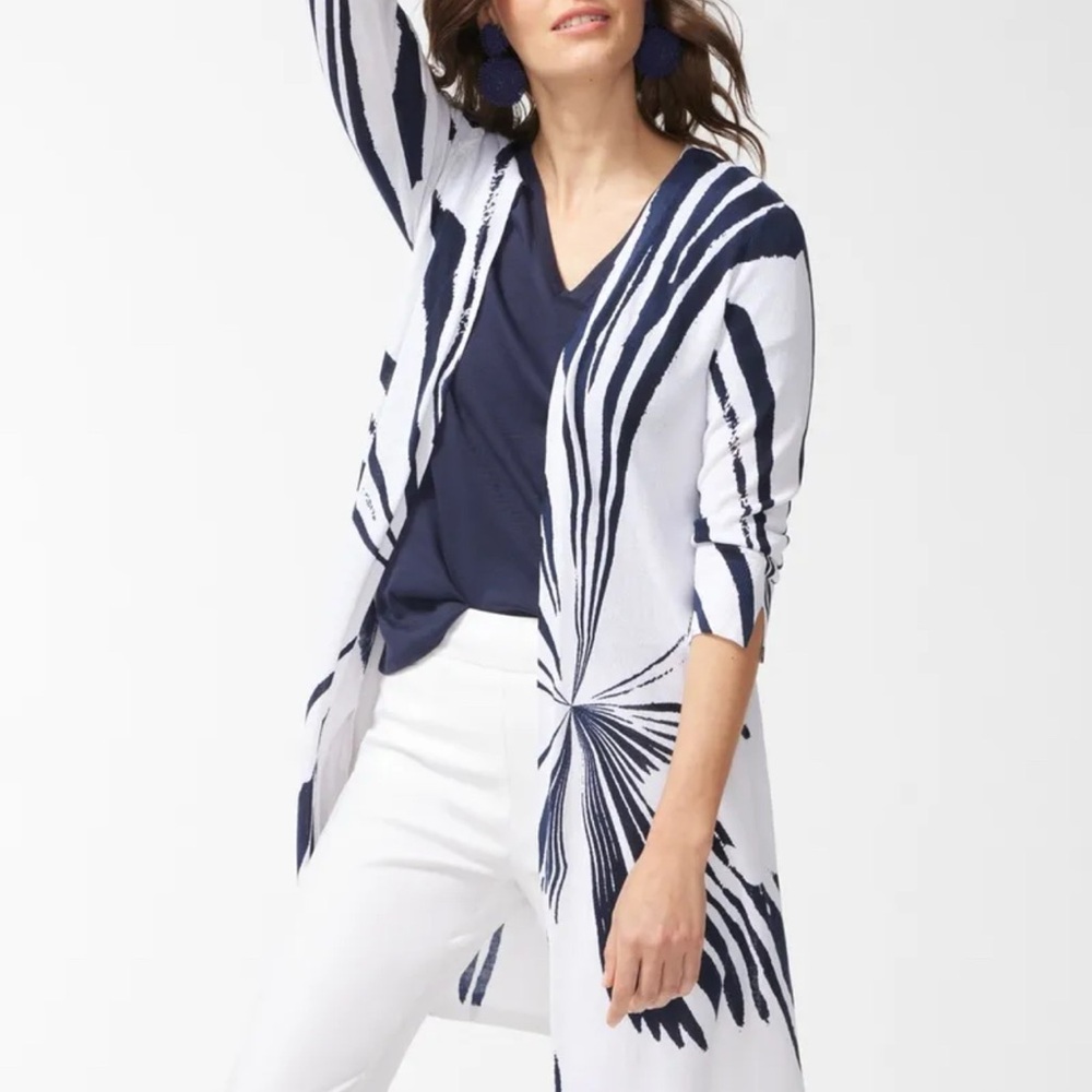 Chico's Navy and White Starburst Patterned Cotton Blend Cardigan | Size Medium